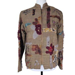 Artsy Patchwork Full Zip Jacket S Brown Embellished Sequins Fall Eclectic Beaded